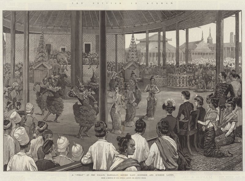 Os britânicos em Burmah, um Pooay no palácio, Mandalay, antes de senhora Dufferin e senhoras burmese de Sidney Paget