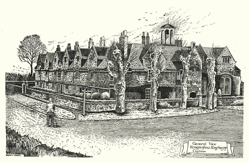 Vista Geral, Almshouses Hungerford, Corsham (gravura) de Sidney Heath