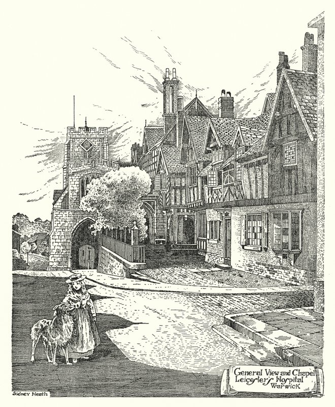 Vista Geral e Capela, Hospital de Leicester, Warwick (gravura) de Sidney Heath