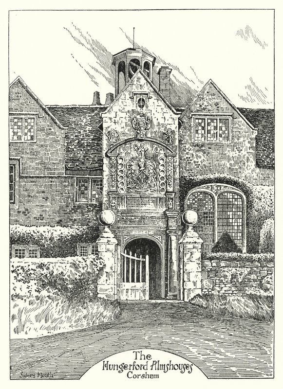 The Hungerford Almshouses, Corsham (gravura) de Sidney Heath