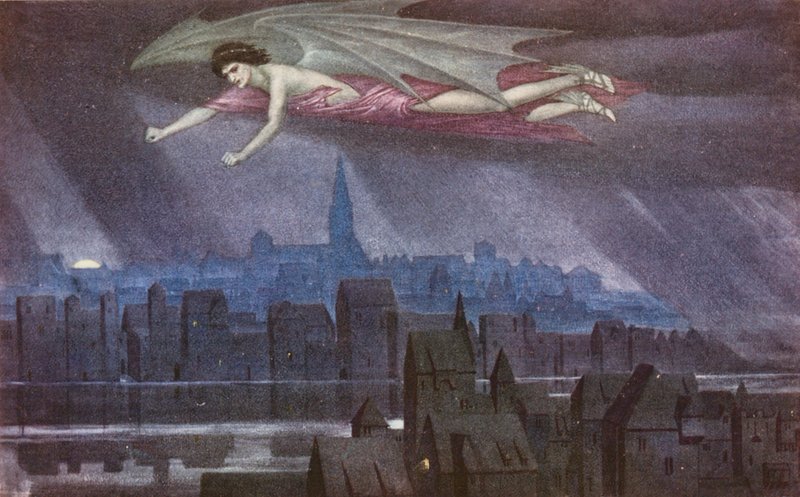 A Lenda Dourada: Lúcifer a sobrevoar a cidade (litografia a cores) de Sidney Meteyard