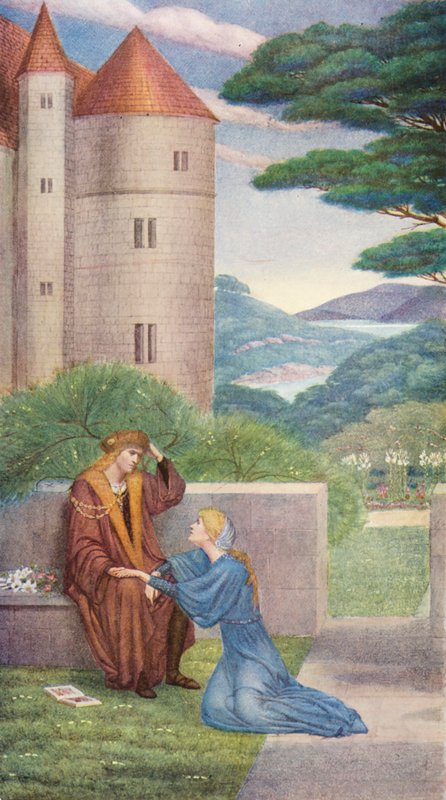 A Lenda Dourada: O Príncipe e Elsie no jardim (litografia a cores) de Sidney Meteyard