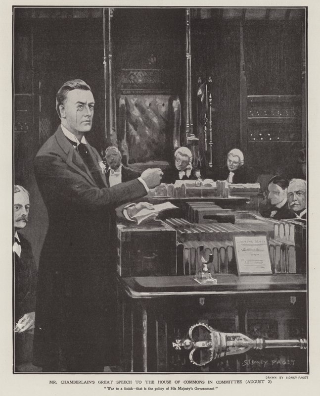 Discurso de Joseph Chamberlain sobre a Guerra dos Bôeres na Câmara dos Comuns em 2 de Agosto de 1901 (litho) de Sidney Paget