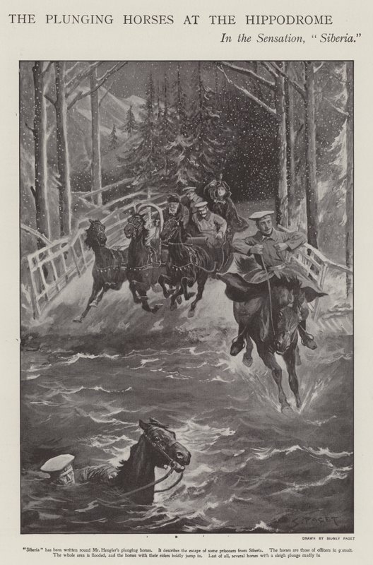 Mergulhando cavalos na Sibéria, uma apresentação no Hipódromo de Londres (Litho) de Sidney Paget
