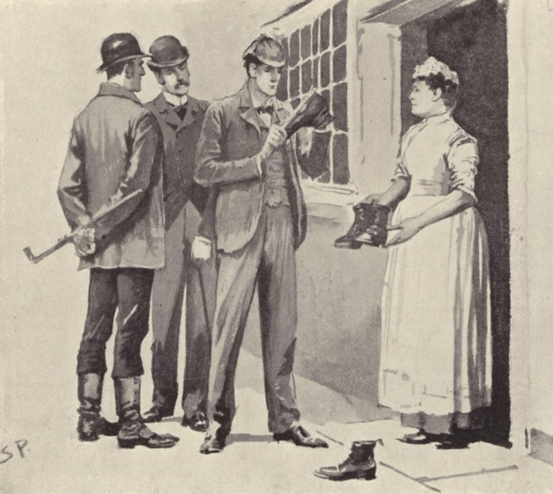 A criada mostrou-nos as botas: cena da história de Sherlock Holmes The Boscombe Valley Mystery, de Arthur Conan Doyle (litho) de Sidney Paget