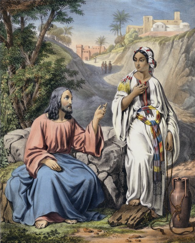 Cristo e a Mulher de Samaria no Poço de Jacob (gravura colorida) de Siegfried Detler Bendixen
