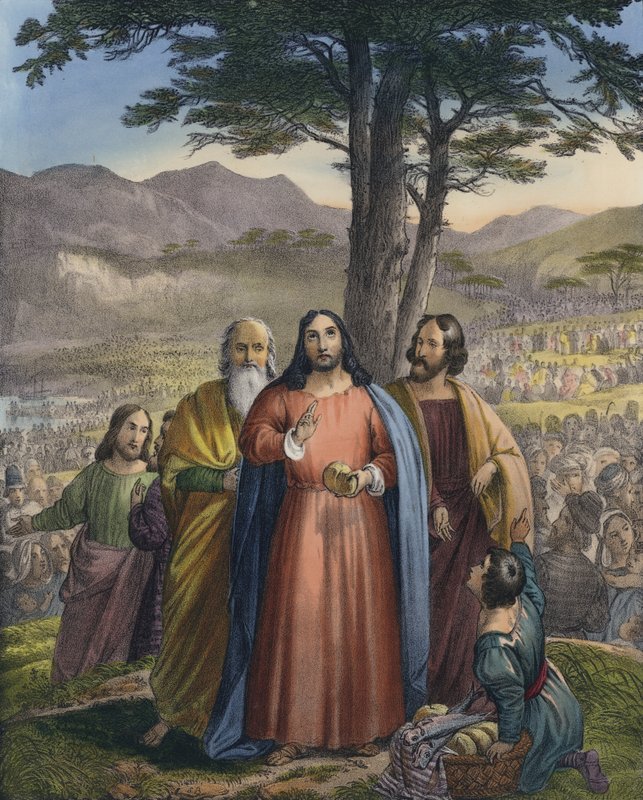 Cristo alimenta a multidão (gravura colorida) de Siegfried Detler Bendixen