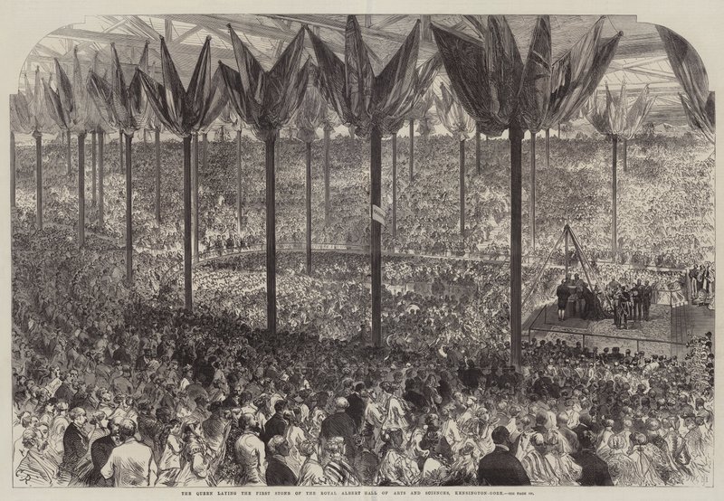 A rainha que coloca a primeira pedra do Royal Albert Hall de Artes e Ciências, Kensington-Gore de Sir John Charles Robinson