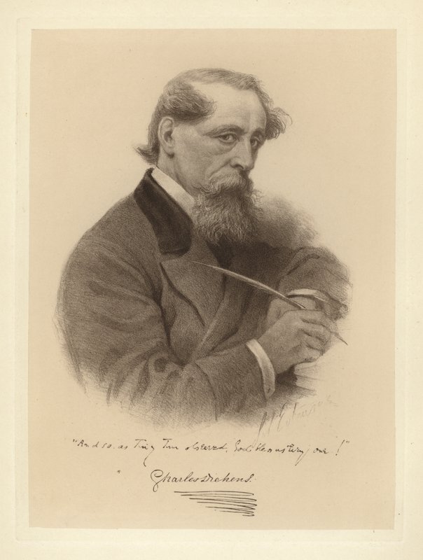 Retrato de Charles Dickens segurando sua caneta (foto a p/b) de Solomon (after) Eytinge