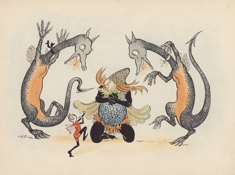 Ilustração para "Little Twin Dragons" de S Rosamond Praeger (litografia a cores) de Sophia Rosamond Praeger