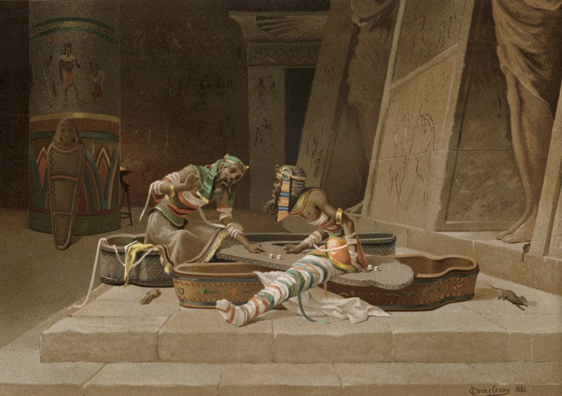As múmias de Setna e Ptahneferka jogando dados para o livro de magia de Thoth de Spanish School