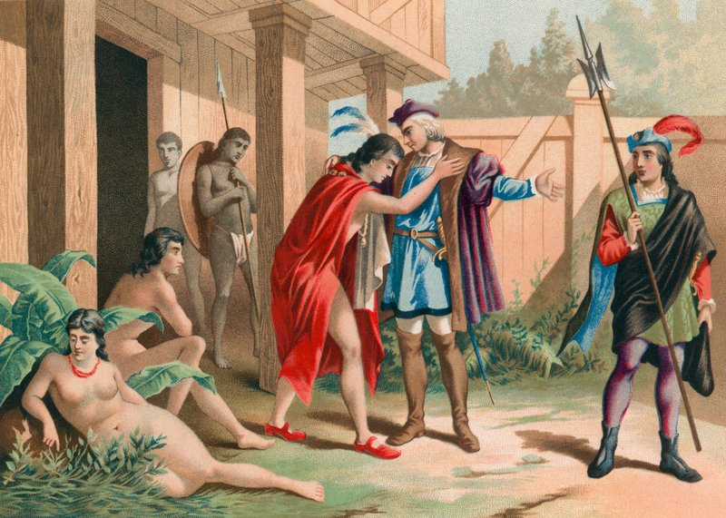 Columbus se despede do chefe Guacanagarix em Hispaniola de Spanish School