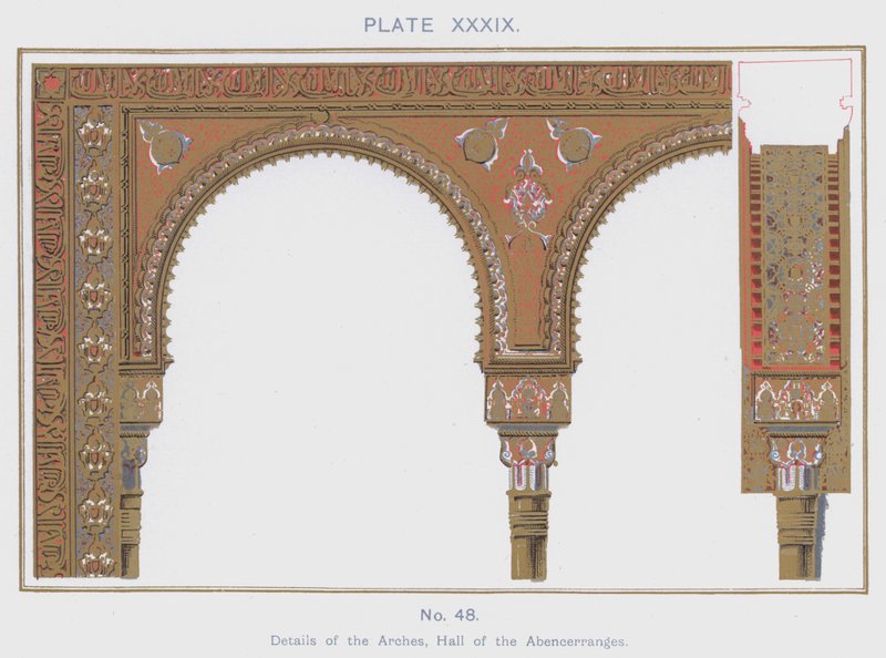 Detalhes dos Arcos, Salão dos Abencerranjos (cor litho) de Spanish School
