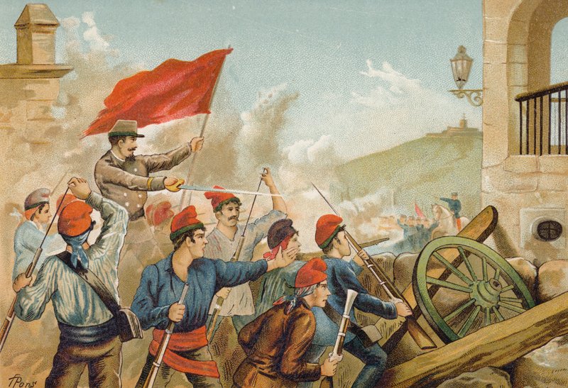 Lutando entre voluntários republicanos e soldados, Sarria, Barcelona, 1874 de Spanish School