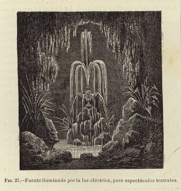 Fonte iluminada por luz elétrica, para espetáculos de Spanish School