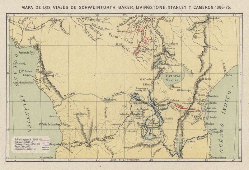 Mapa mostrando as viagens dos exploradores Georg August Schweinfurth, Samuel Baker, David Livingstone, Henry Morton Stanley e Verney Lovett Cameron na África de Spanish School