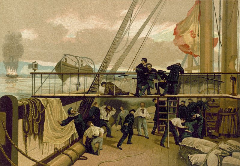 Mendez Nunez ferido durante o bombardeio de Callao, Peru, 1866 de Spanish School