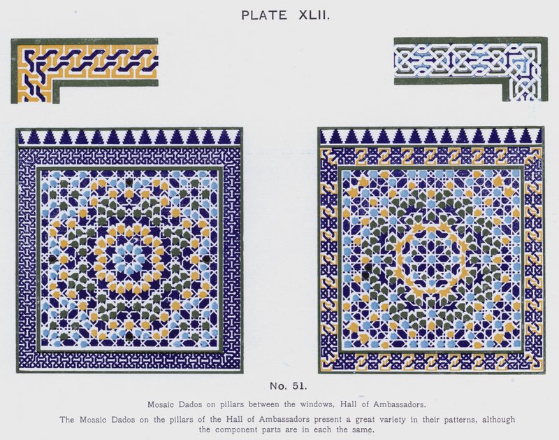 Mosaico Dados sobre pilares entre as janelas, Salão dos Embaixadores (cor litho) de Spanish School