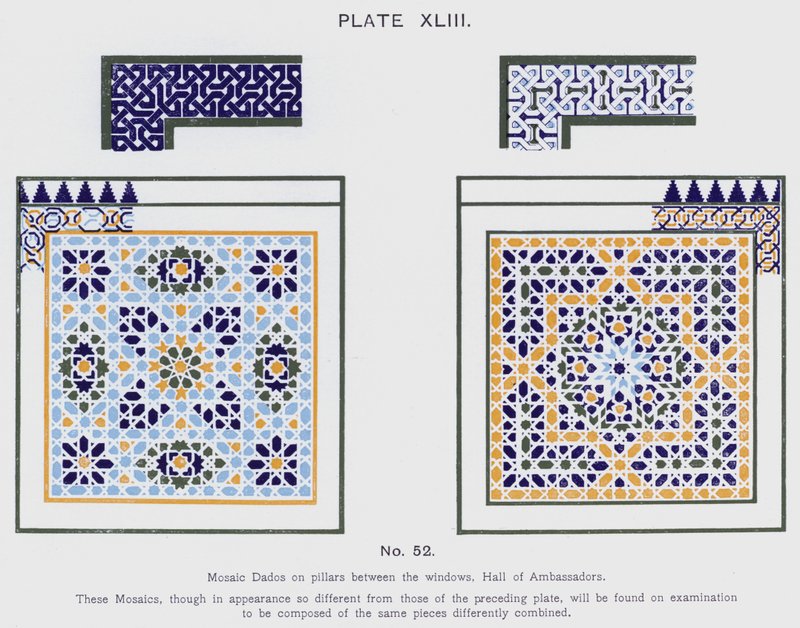 Mosaico Dados sobre pilares entre as janelas, Salão dos Embaixadores (cor litho) de Spanish School