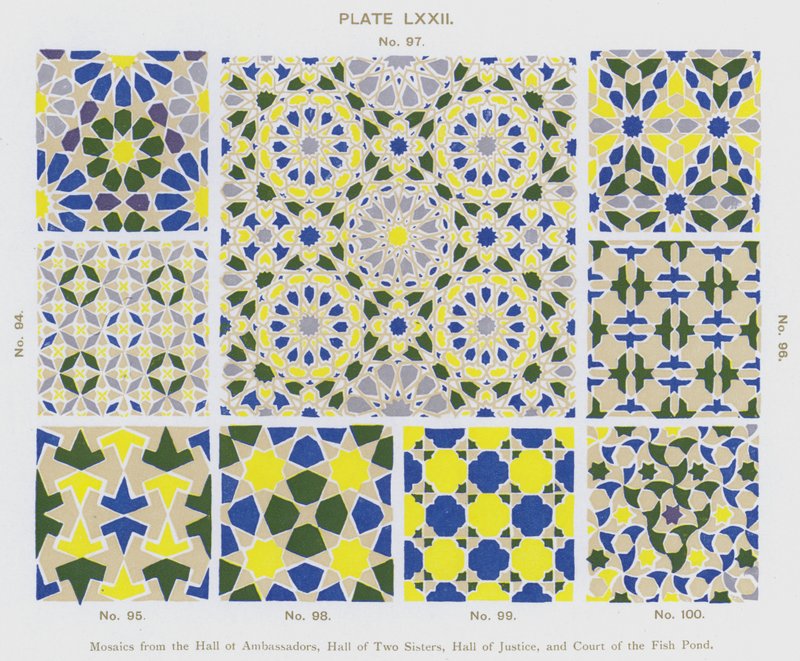 Mosaicos do Salão dos Embaixadores, Salão das Duas Irmãs, Salão da Justiça e Tribunal do Lago do Peixe (cor litho) de Spanish School