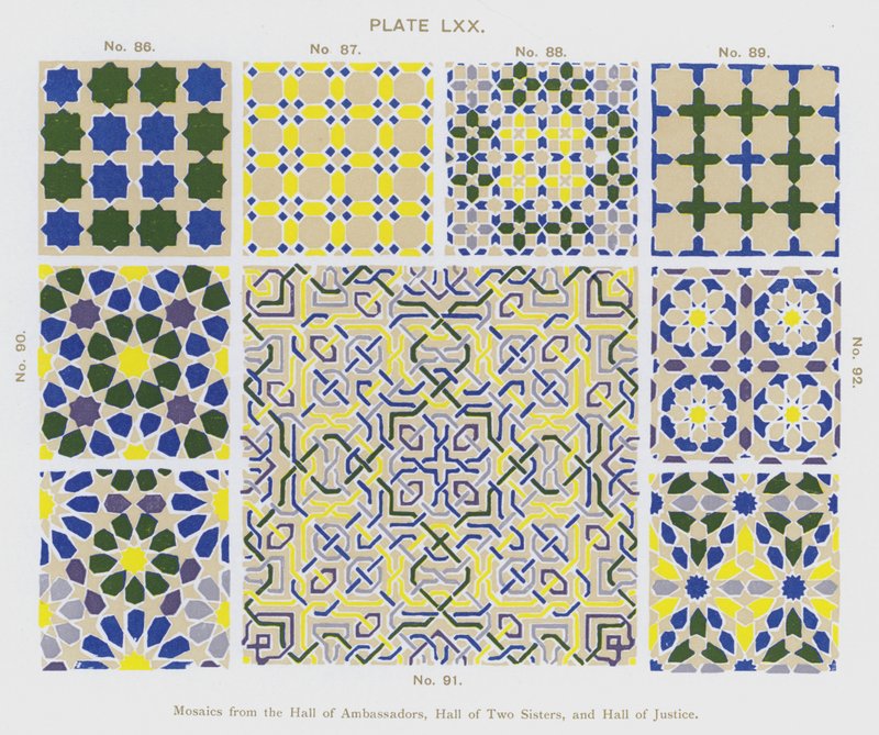 Mosaicos do Salão dos Embaixadores, Salão das Duas Irmãs e Salão da Justiça (cor litho) de Spanish School