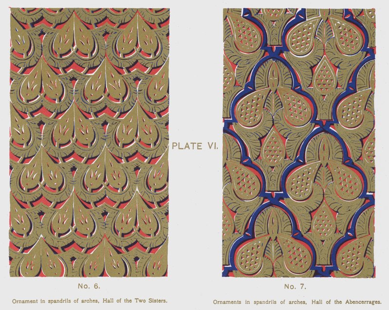 Ornamento em espandrilhas de arcos, Salão das Duas Irmãs, Ornamentos em espandrilhas de arcos, Salão dos Abencerrágeos (cor litho) de Spanish School