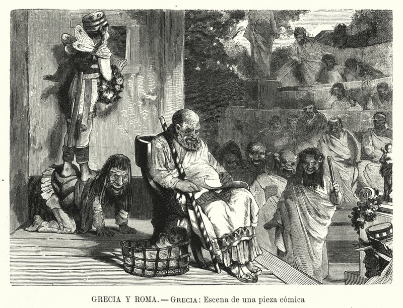 Actuação de uma comédia num teatro na Grécia Antiga (litho) de Spanish School