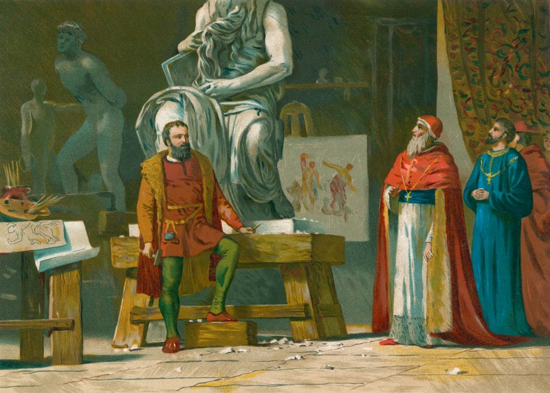 Papa Júlio II visita a oficina de Michelangelo de Spanish School