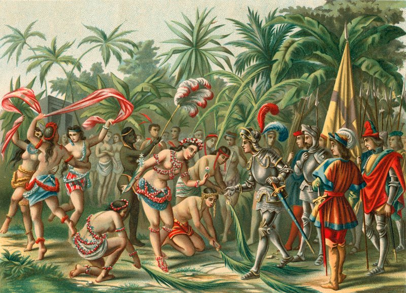 Recepção de Anacaona, chamada Flor de Ouro, em Hispaniola para Bartolomeu Colombo e Hermano del Almirante de Spanish School