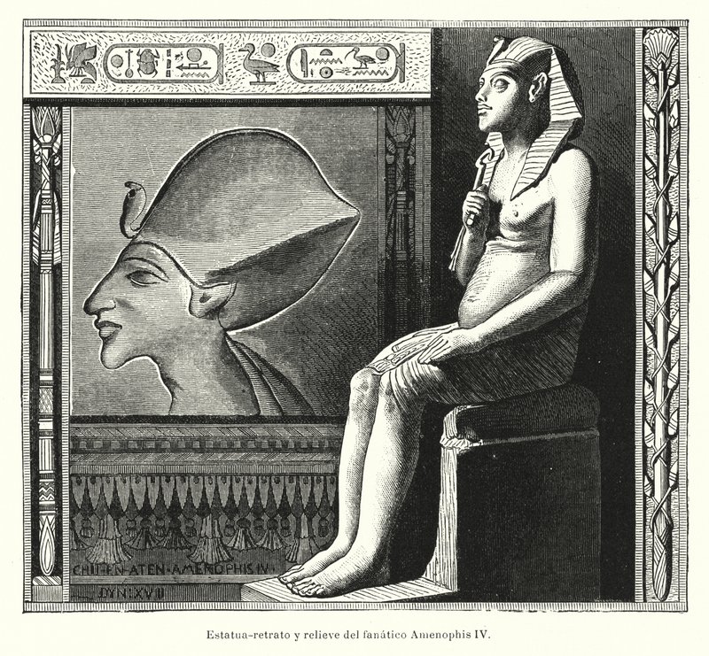 Estátua sentada e relevo do antigo faraó egípcio Akhenaten (Amenhotep IV) (litho) de Spanish School