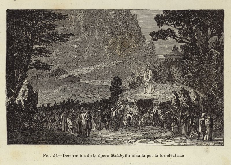 Conjunto da ópera, Moses, iluminado por luz elétrica de Spanish School