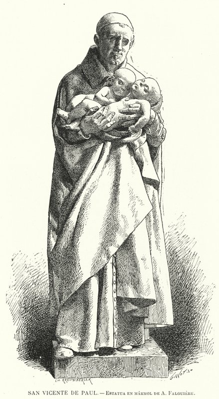 São Vicente de Paulo, padre católico francês, estátua em mármore de Jean Alexandre Joseph Falguiere (litho) de Spanish School