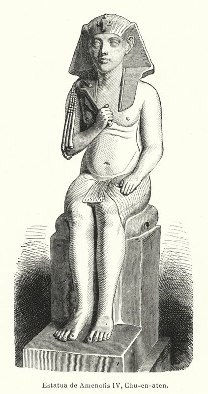Estátua do Antigo Faraó Egípcio Amenhotep IV (Akhenaten) (litho) de Spanish School