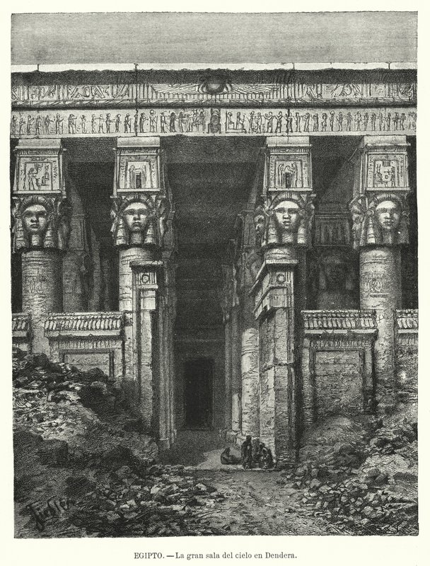 Templo de Hathor, Dendera, Egito (litho) de Spanish School