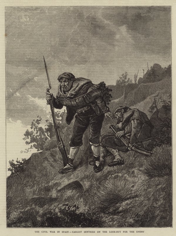 A Guerra Civil em Espanha, Carlist Sentries on the Look-Out for the Enemy (gravura) de Spanish School