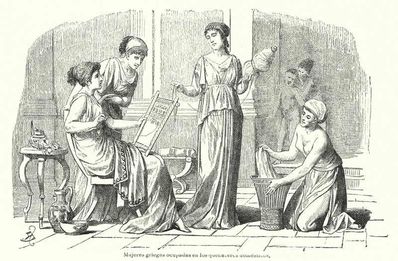 Mulheres que realizam tarefas domésticas na Grécia Antiga (litho) de Spanish School