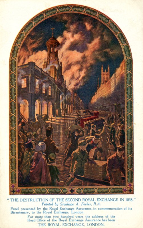 Destruição da segunda Bolsa Real na cidade de Londres pelo fogo de Stanhope Alexander (after) Forbes
