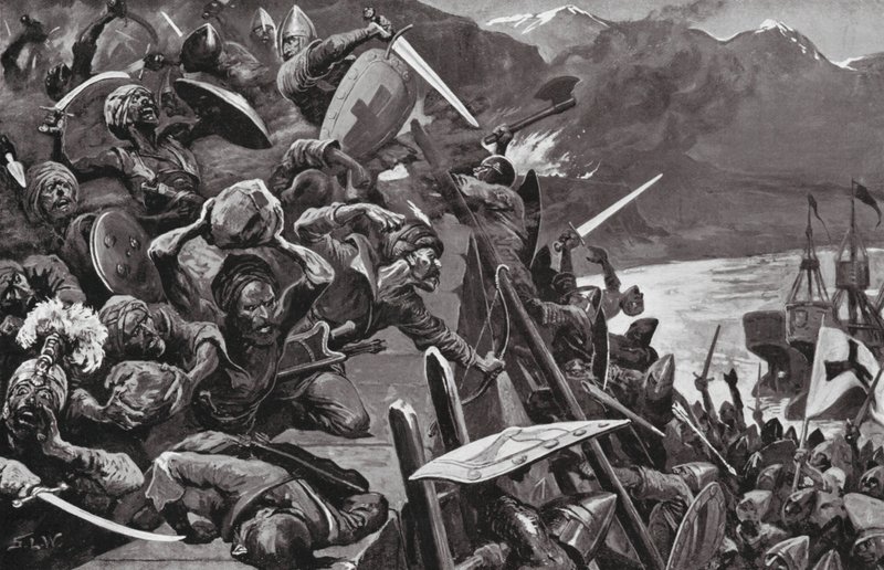 Cruzados a invadir Niceia (litografia) de Stanley L. (after) Wood
