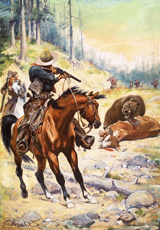 Os cowboys americanos rodeiam um urso de cócoras sobre o corpo de uma vaca de Stanley L. Wood