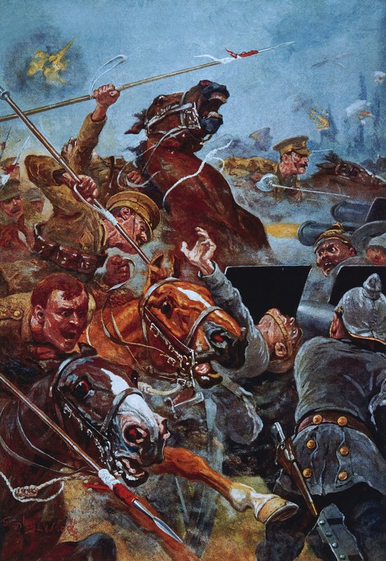 A carga do 9º lanceiros durante o retiro de Mons de Stanley L. Wood