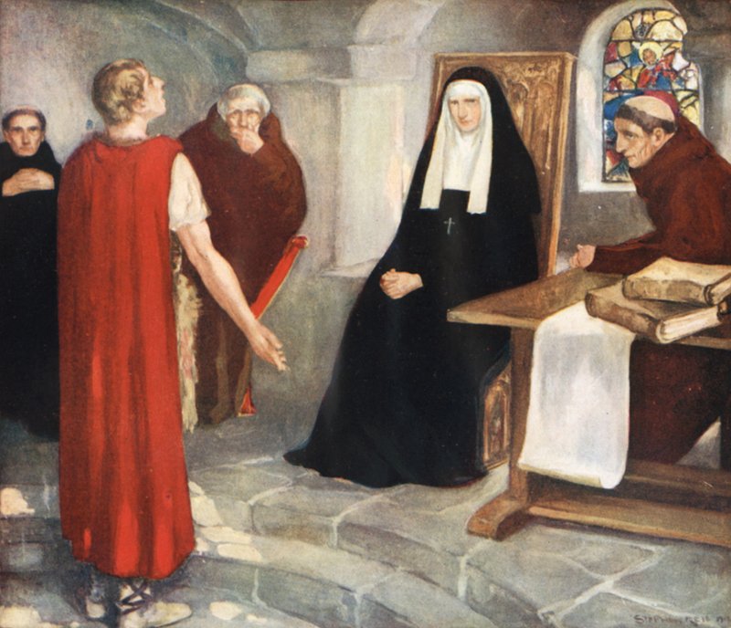 Caedmon diante de Santa Hilda (cor litho) de Stephen Reid