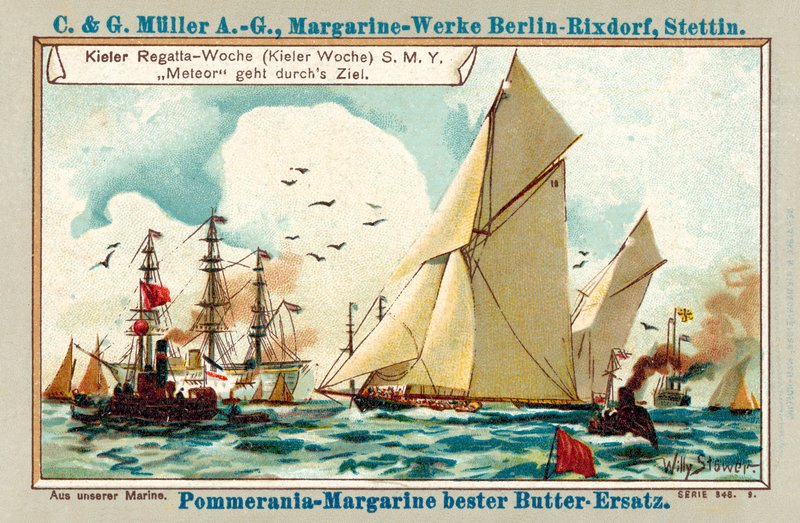 O meteorito do iate do Kaiser que cruza a linha de chegada durante a regata da semana de Kiel (chromolitho) de Stoewer Willy