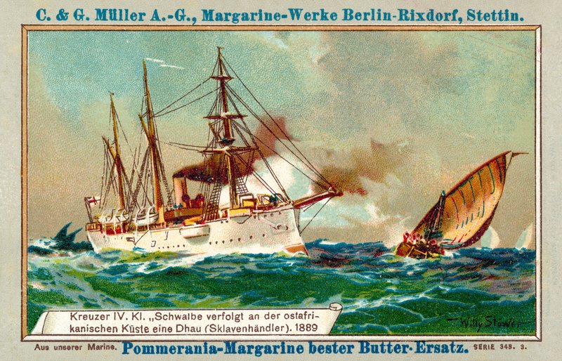 O cruzador alemão Schwalbe seguindo o "dhow" de um traficante de escravos ao largo da costa da África Oriental de Willy  Stoewer 