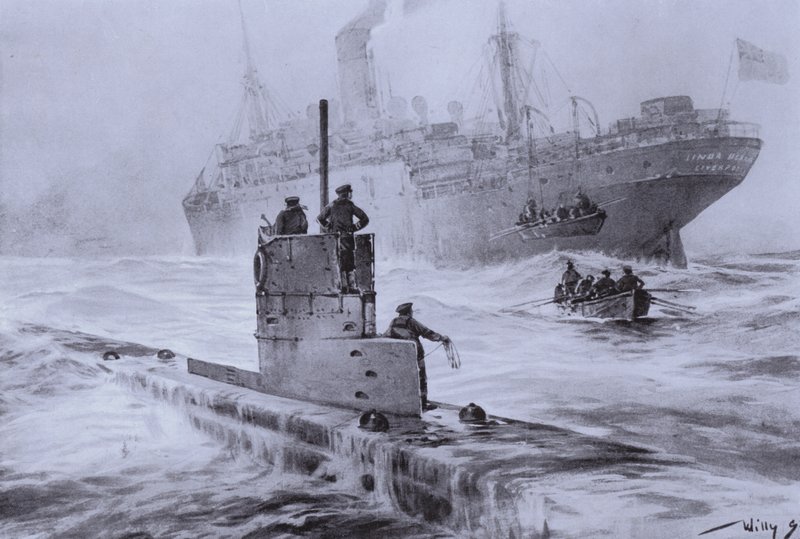 Afundamento do navio mercante britânico Linda Blanche pelo submarino alemão U-21 ao largo de Liverpool, Primeira Guerra Mundial, 30 de Janeiro de 1915 (litho) de Willy  Stoewer 