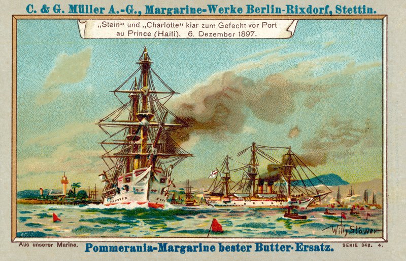 Navios de guerra alemães Stein e Charlotte em Porto Príncipe Porto, Haiti, durante o caso Luders, 6 de dezembro de 1897 (chromolitho) de Stoewer Willy