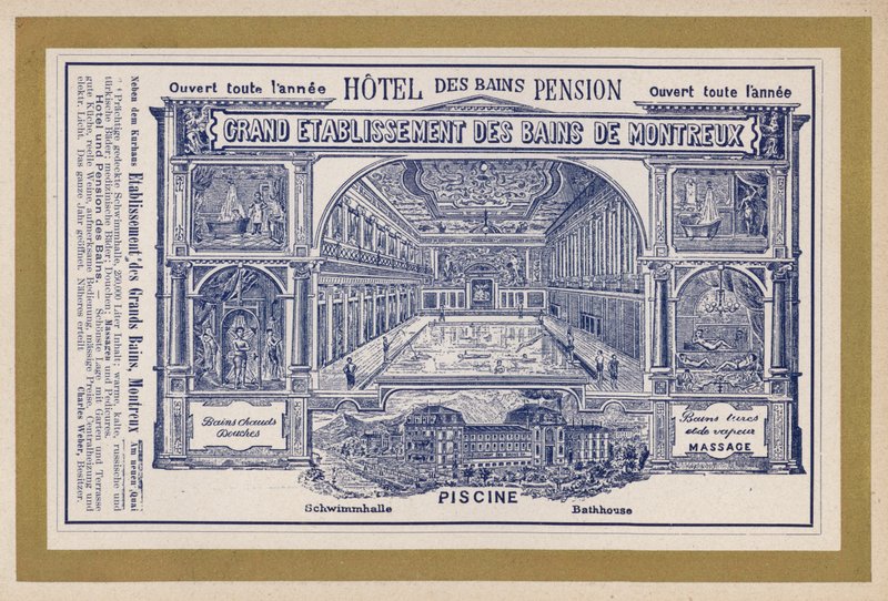 Anúncio para Grand Etablissement Des Bains De Montreux (gravura) de Swiss School