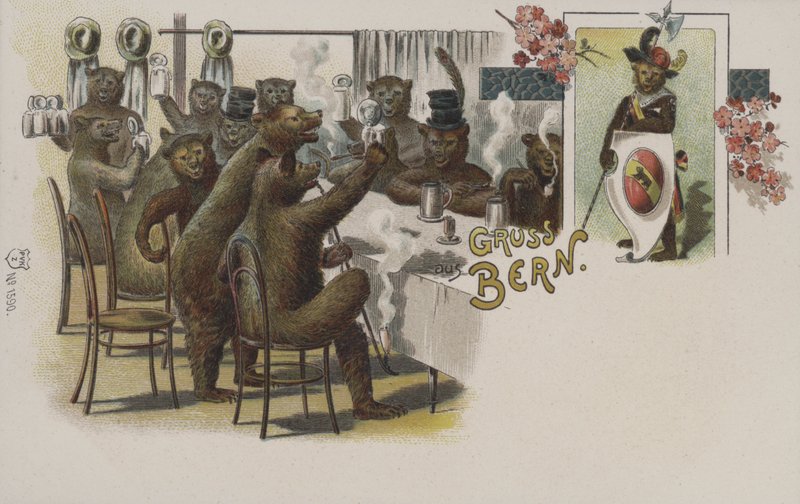 Ursos bebendo cerveja, saudações de Berna, Suíça (chromolitho) de Swiss School