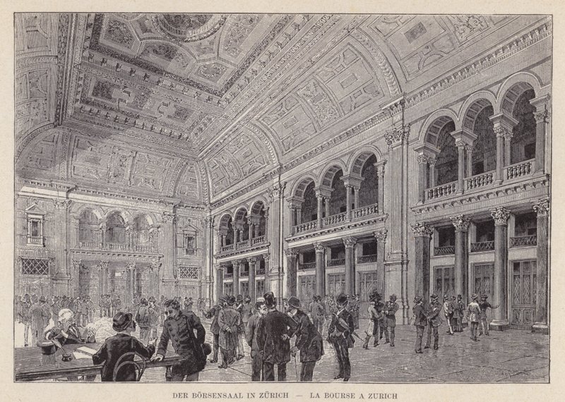 Der Borsensaal in Zurich, La Bourse a Zurich (gravura) de Swiss School