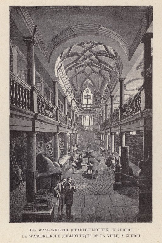 A Igreja da Água, Biblioteca Municipal, em Zurique, La Wasserkirche, Bibliotheque de la Ville, a Zurique (gravura) de Swiss School