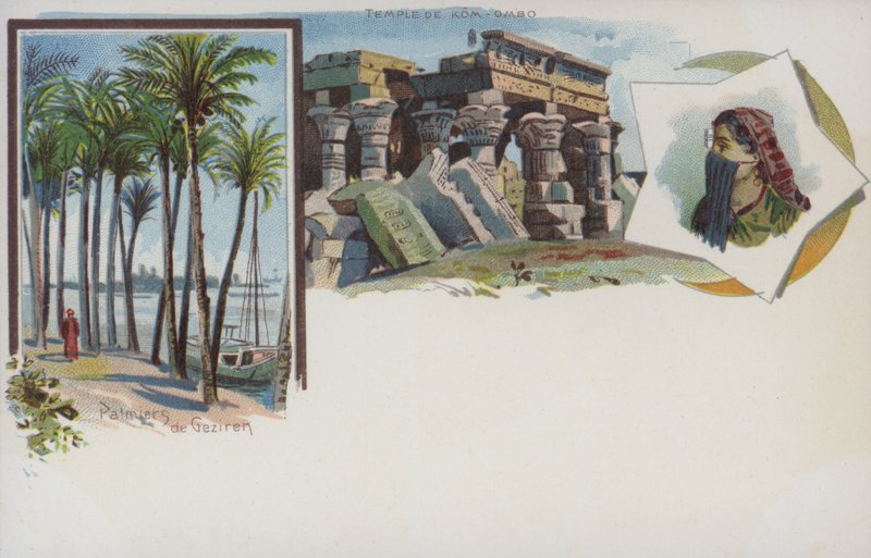 Cenas egípcias: palmeiras nas margens do Nilo em Gezira, Cairo, e o Templo de Kom Ombo (chromolitho) de Swiss School